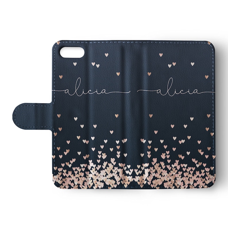 Personalised Initials Custom Wallet Leather Phone Case Aesthetic Rose Gold Hearts Rain Foil iPhone 12 11 SE 6 7 8 Plus X Xr Samsung Galaxy
