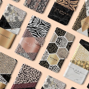 Funda de teléfono con tapa tipo billetera personalizada / Iniciales de nombre personalizadas para iPhone 16 15 14 13 12 SE y Samsung S20 S10 Estampado animal Leopardo Guepardo Serpiente