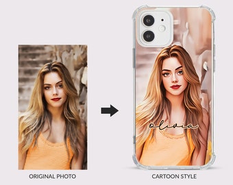 Personalised Shockproof Phone Case Custom Photo Illustrated Portrait Picture Cover for iPhone 14 13 12 11 7 8 10 SE Cartoon Style Cartoonise