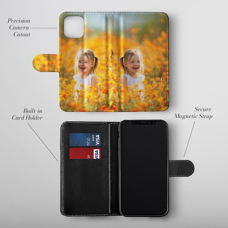 May include: A black leather phone case featuring a vibrant image of two young girls in a field of yellow flowers. The case includes a card holder, a magnetic strap, and a camera cutout.