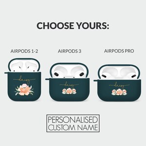 May include: Three different Airpods cases with a floral design and a personalized name in gold lettering. The cases are for Airpods 1-2, Airpods 3, and Airpods Pro.