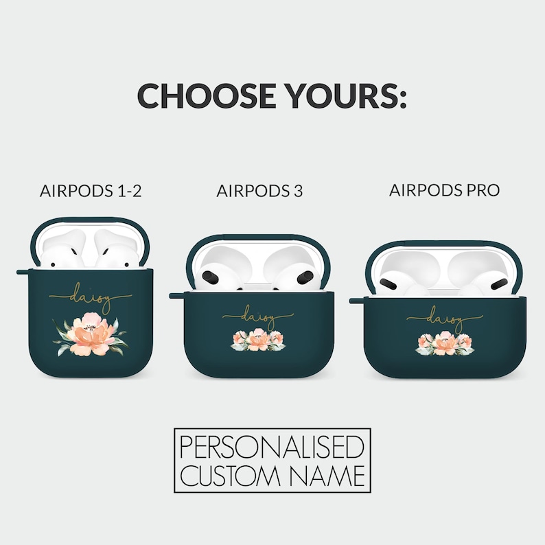 May include: Three different Airpods cases with a floral design and a personalized name in gold lettering. The cases are for Airpods 1-2, Airpods 3, and Airpods Pro.