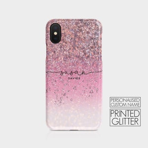 Personalised Initials Custom Hard Phone Case Faded Pink and White Ombre Printed Glitter Rose Gold for iPhone 12 Samsung Galaxy Motorola