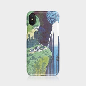 May include: A phone case featuring a Japanese woodblock print of a waterfall scene. The design includes a waterfall, figures on a cliff, and a blue and green color palette. The case is designed to fit a smartphone.