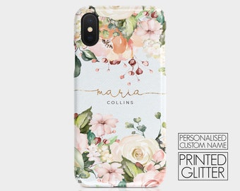 May include: A white iPhone case with a floral design and the name "maria COLLINS" in gold lettering. The case has a light blue background and features pink, white, and green flowers. The text "PERSONALISED CUSTOM NAME PRINTED GLITTER" is also visible.
