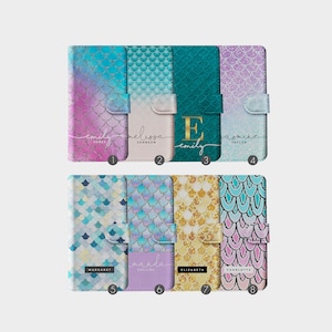 Capa de celular flip carteira personalizada iniciais nome personalizado sereia escamas de peixe mar para iPhone 16 15 14 13 12 11 5 SE 8 SE XS Samsung S23 S22