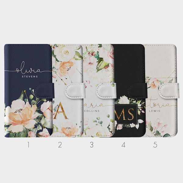 Personalised Initials Custom Wallet Leather Phone Case Fresh Flowers Roses Gold Name for iPhone 15 14 13 12 11 5 5s 6 8 Plus Xr Xs Max