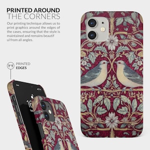 May include: A phone case with a red background and a floral pattern featuring birds. The case has a printed edge, meaning the design wraps around the sides of the case. The text "PRINTED EDGES" is visible on the image.