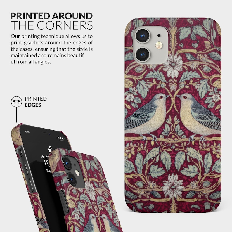 May include: A phone case with a red background and a floral pattern featuring birds. The case has a printed edge, meaning the design wraps around the sides of the case. The text "PRINTED EDGES" is visible on the image.