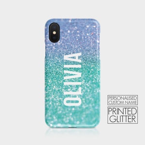 Personalised Initials Custom Hard Phone Case Marine Blue Omble Glitter Sparkly Bling iPhone 12 5 SE 6 7 8 Plus Samsung Galaxy Motorola & HTC
