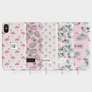May include: Five different phone cases with pink backgrounds and tropical patterns. The cases feature the names "Alicia", "Olivia", "Samantha", "Marie", and "SF".