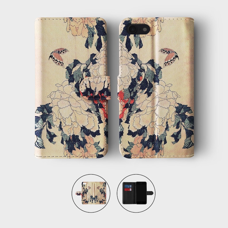 May include: A floral phone case with a butterfly design. The case is made of leather and has a cream background with a vintage-inspired floral pattern in shades of pink, red, blue, and green. The case has a flap that covers the phone screen and a slot for credit cards.