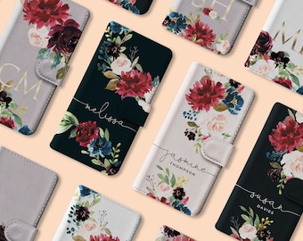 Personalised Initials Custom Wallet Leather Phone Case Floral Spring Roses Shabby Name for iPhone 16 16e 15 14 13 12 11 Samsung S23 S22