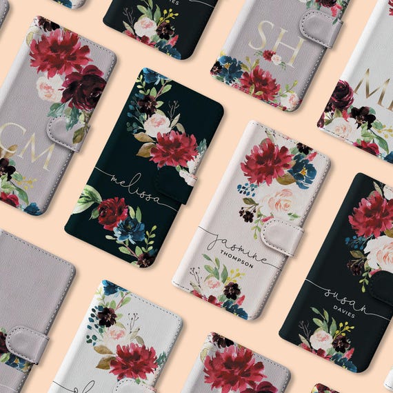 Personalised Initials Custom Wallet Leather Phone Case Floral Spring Roses Shabby Name for iPhone 17 16 15 14 13 Pro Max Samsung S25 S23 S22
