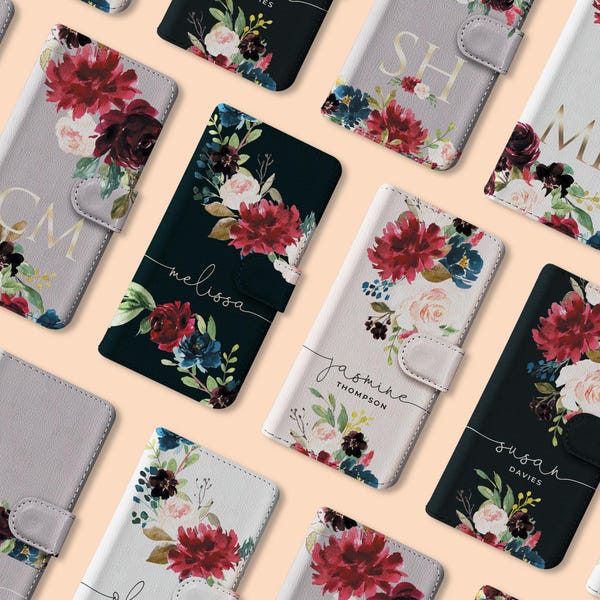 Personalised Initials Custom Wallet Leather Phone Case Floral Spring Roses Shabby Name for iPhone 17 16 15 14 13 Pro Max Samsung S25 S23 S22