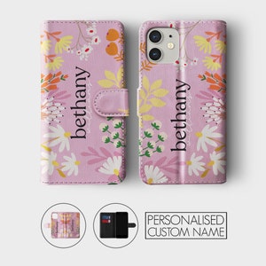 Étui portefeuille personnalisé Tirita pour téléphone portable à rabat floral personnalisé fleurs printanières pastel crayon pour iPhone 15 14 13 12 11 XR SE Samsung Galaxy S20 S10 02- Spring Flowers