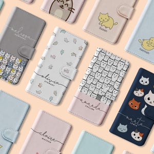 Tirita Capa de carteira personalizada com flip e nome de desenho animado de mangá e gatos Miau para iPhone 16 15 14 13 12 11 6 7 8 10 SE 2020 Samsung Galaxy