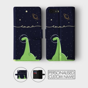 Personalised Initials Custom Wallet Flip Phone Case Kawaii Dinosaurs T-rex Dino Name for iPhone 15 14 13 12 11 5 SE 6s 7 8 Plus Xr Xs Max image 9