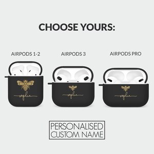 May include: Three black Airpod cases with a gold bee and the name "sophia" in gold script. The cases are for Airpods 1-2, Airpods 3, and Airpods Pro.