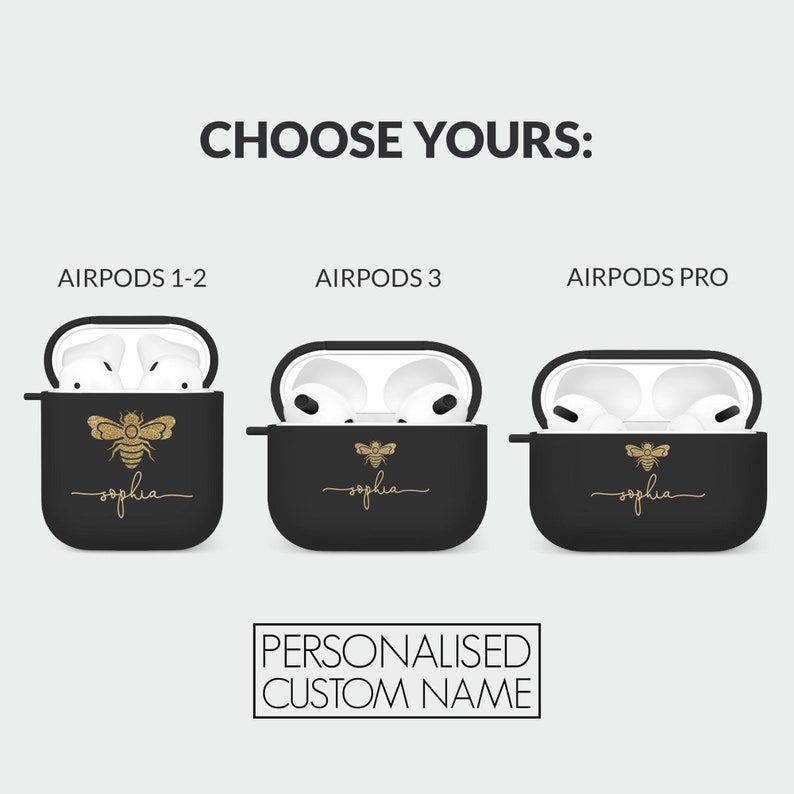 May include: Three black Airpod cases with a gold bee and the name "sophia" in gold script. The cases are for Airpods 1-2, Airpods 3, and Airpods Pro.