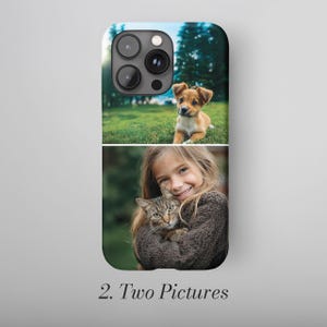 May include: A phone case featuring two pictures. The top image is of a puppy on green grass. The bottom image is of a girl holding a cat. The text "2. Two Pictures" is at the bottom of the case.