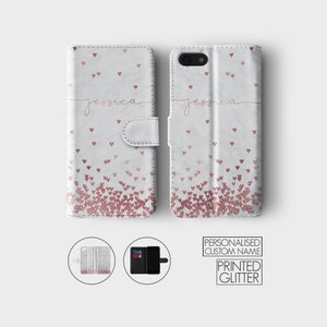 Funda de teléfono personalizada con forma de billetera con corazones flotantes, mármol, oro rosa, corazón y lluvia para iPhone 16, 15, 14, 12, 11, XR, XS Pro, Samsung S23, S22, S21