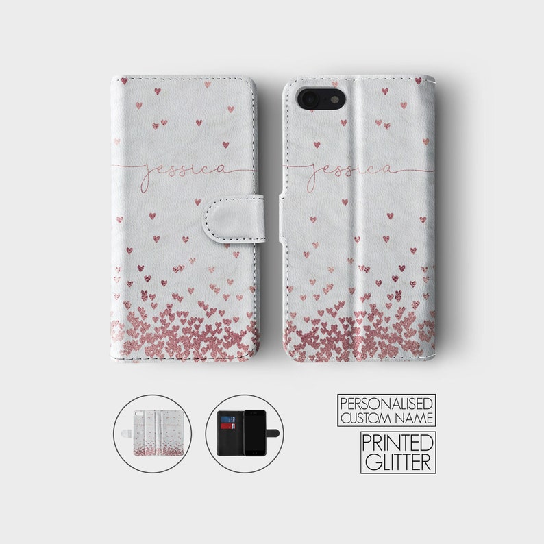 Portefeuille personnalisé personnalisé coque de téléphone en cuir coeurs paillettes marbre or rose pour iPhone 15 14 12 11 5 6 6s 7 8 Plus Xr Xs Max Samsung 10 image 1