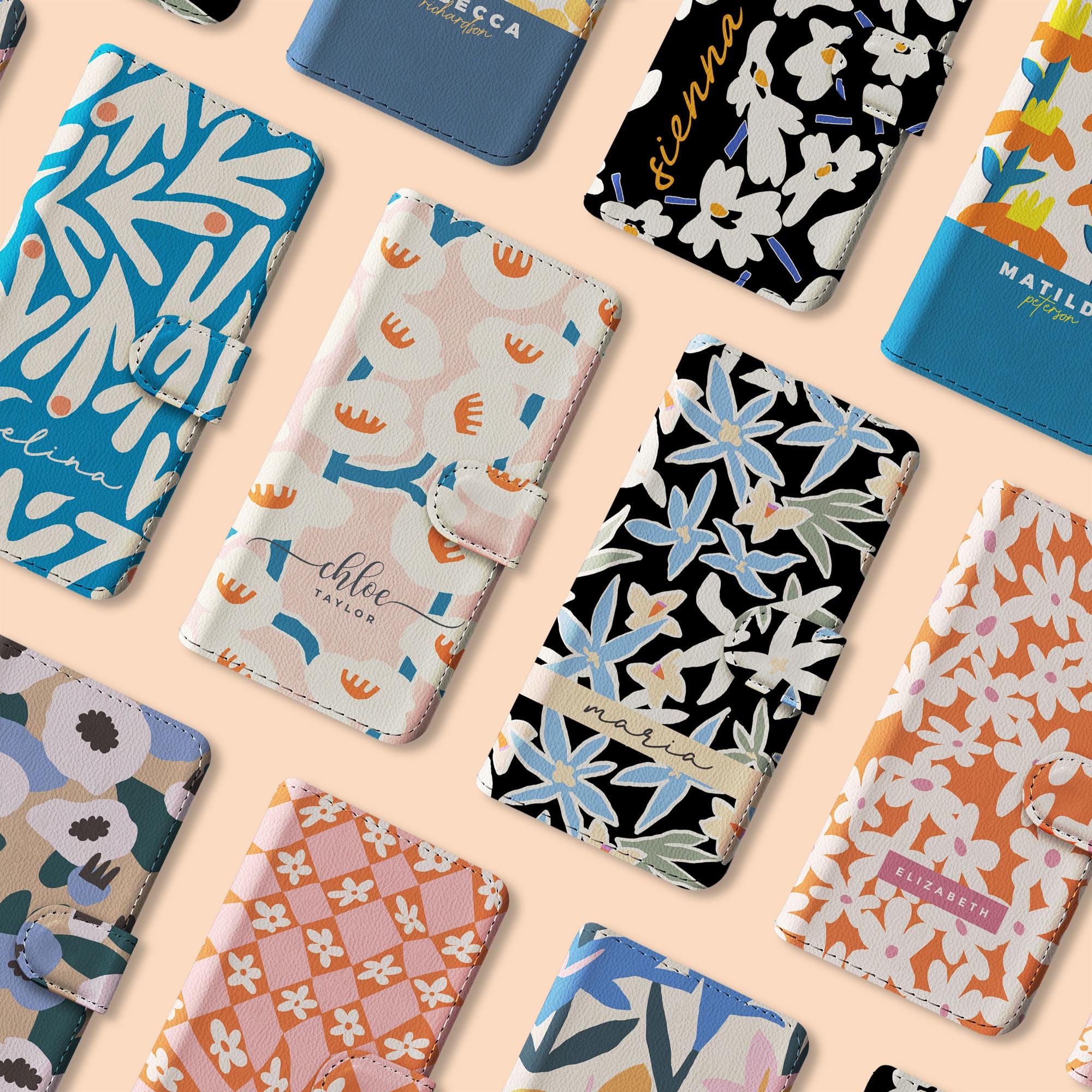 Tirita Personalised Wallet Flip Case Custom Floral Retro Flowers Modern for iPhone 16 16e 15 14 13 12 11 8 XR SE Samsung Galaxy S20 S10 S9