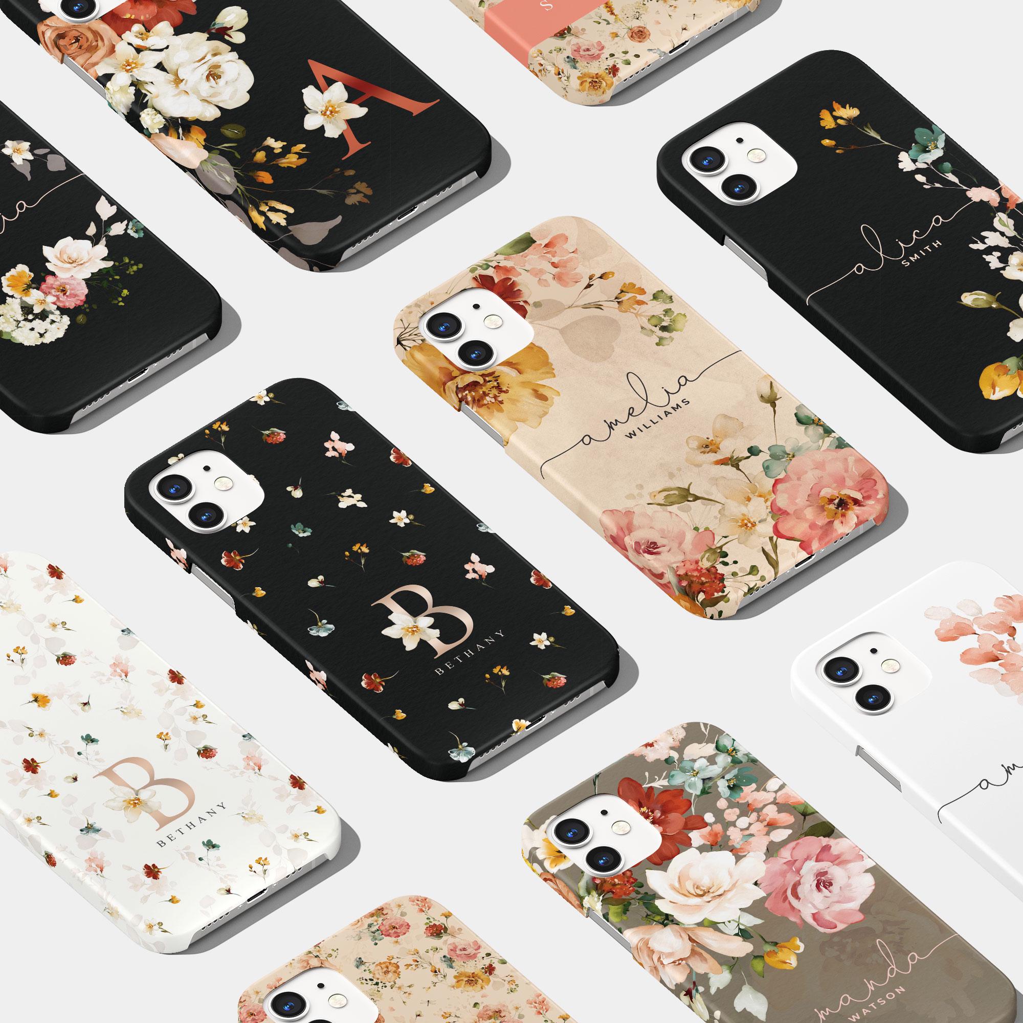 Personalised Phone Case | Custom Name Initials for iPhone 15 14 13 12 SE & Samsung S20 S10 S9 S8  Vintage Floral Roses Watercolour Blossoms