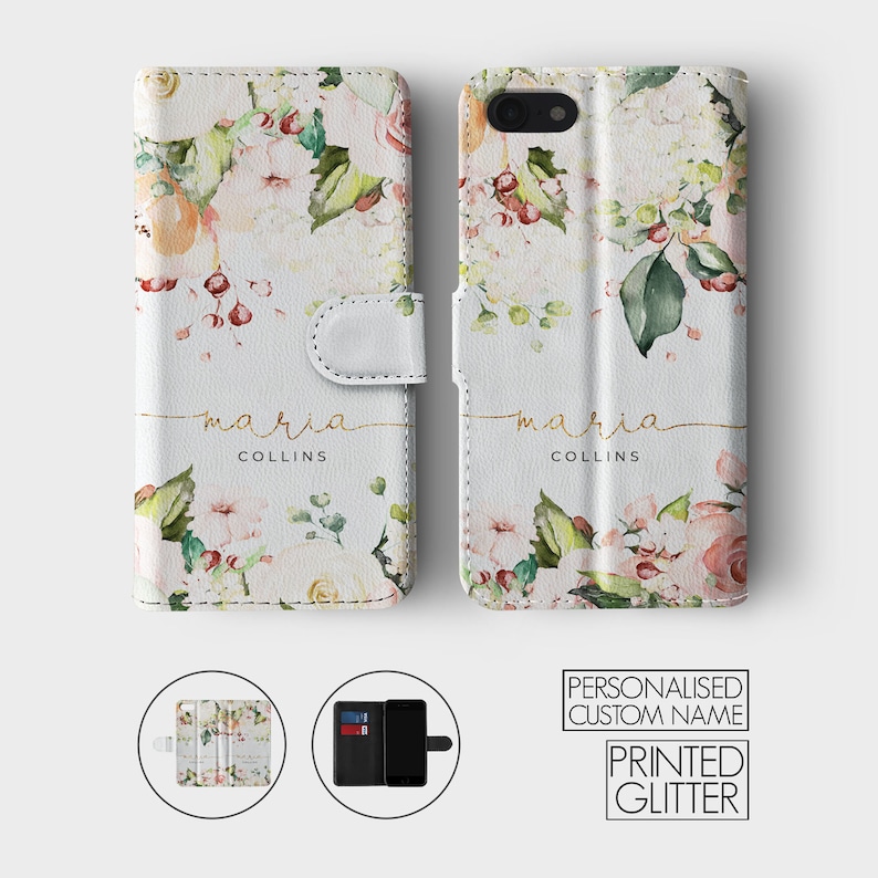 Étui portefeuille personnalisé Tirita, fleurs personnalisées, coeurs dégradés, abeilles, nom monogramme pour iPhone 15 14 13 12 11 8 XR SE Samsung Galaxy image 4