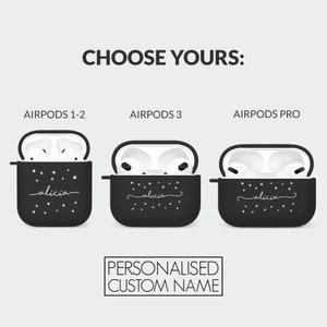 May include: Three black Airpods cases with a white star pattern and the name "alicia" written in cursive. The cases are for Airpods 1-2, Airpods 3, and Airpods Pro.