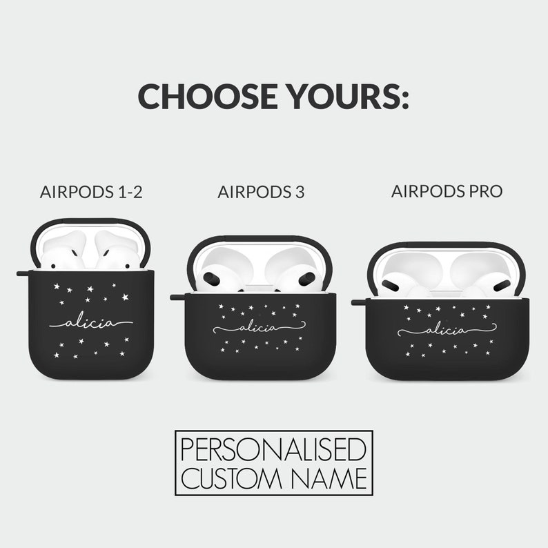 May include: Three black Airpods cases with a white star pattern and the name "alicia" written in cursive. The cases are for Airpods 1-2, Airpods 3, and Airpods Pro.
