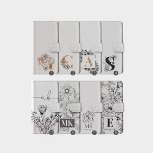 Étui portefeuille personnalisé en cuir avec initiales personnalisées et monogramme doré, fleur florale pour iPhone 15 14 13 12 11 5 6s 7 8 Plus Xr Xs Max Samsung