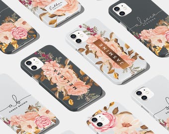 Capa rígida personalizada com iniciais, estampa floral de rosas inglesas e peônias, para iPhone 17, 16, 15, 14, 13, 12 Pro Max e Samsung S25 S24.