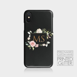 Personalised Initials Custom Hard Phone Case Black Floral Glitter Monogram English Roses Shabby Chic for iPhone 12 Samsung Galaxy Motorola