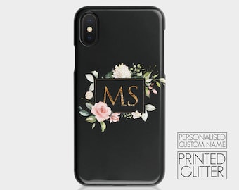 Personalised Initials Custom Hard Phone Case Black Floral Glitter Monogram English Roses Shabby Chic for iPhone 12 Samsung Galaxy Motorola