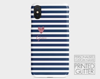 Personalised Custom Name Hard Phone Case Navy Blue White Stripes Heart Rose Gold for iPhone 16 15 14 13 12 11 SE XS & Samsung S24 S23 S22