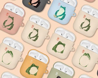 Personalised Custom Case for AirPods 2 3 4 & AirPods Pro 1 2 3 Hard Cover with Clip Keychain Japanese Art Hoji Matsumoto Frog Grumpy Zen