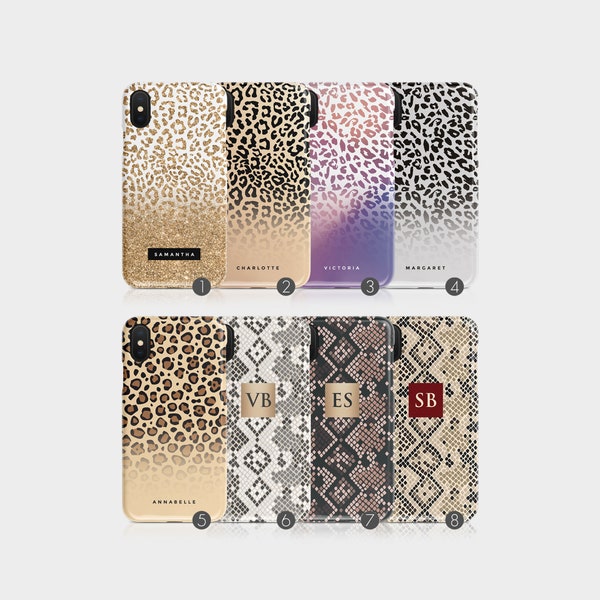 Personalised Initials Custom Hard Phone Case Animal Print Leopard Snake Glitter Name iPhone 12 11 5 5s SE 6 6s 7&8+ X Xs Xr Samsung Motorola