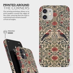 May include: A phone case with a floral pattern featuring red flowers and birds. The case is printed around the edges with the text "Printed Around The Corners" and "Printed Edges".