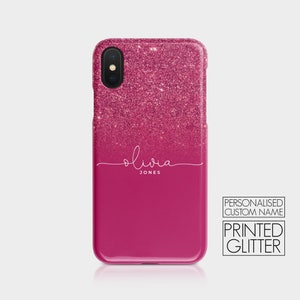 K&ouml;nnte beinhalten: Rosa glitzernder Handyh&uuml;lle mit einem wei&szlig;en Ombre-Effekt und dem Namen "Olivia Jones" auf der R&uuml;ckseite. Die H&uuml;lle ist personalisiert mit einem individuellen Namen und verf&uuml;gt &uuml;ber gedruckten Glitzer.