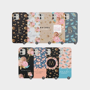 Coque personnalisée Tirita, coque personnalisée, fleurs roses dorées, feuilles monogramme vintage, nom iPhone 15 14 13 12 11 7 8 10 SE 2022 Samsung S20 S10