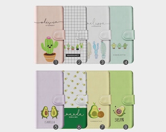 Gepersonaliseerde initialen aangepaste portemonnee flip telefoonhoesje kawaii cactus avocado Mexicaanse naam voor iPhone 15 14 13 12 11 SE 6s 7 8 Plus X Xr Xs Max