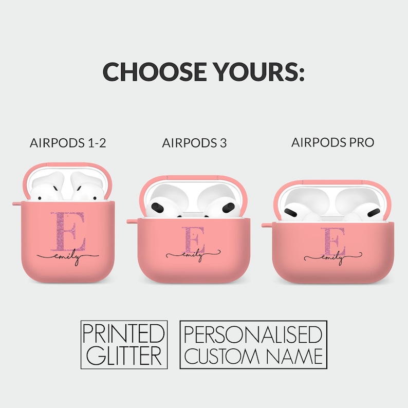 May include: Three pink Airpods cases with a glittery pink letter E and the name "emily" written in cursive. The cases are for Airpods 1-2, Airpods 3, and Airpods Pro. The text "PRINTED GLITTER" and "PERSONALISED CUSTOM NAME" is below the cases.
