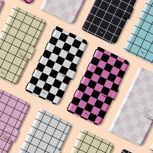 Funda de cuero tipo billetera Tirita con tapa para teléfono con estampado de cuadros en blanco y negro y rosa para iPhone 16, 15, 14, 13, 12, 11, SE, XS, Max, Samsung S23, S22