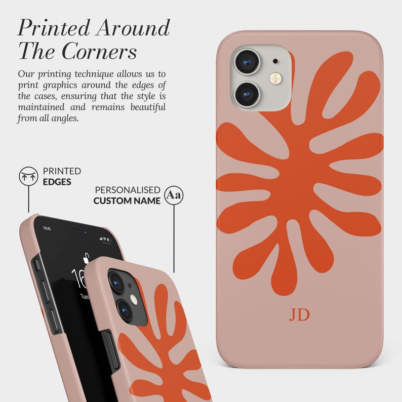 Pode incluir: Capa de telem&oacute;vel rosa claro com um design abstrato coral. As iniciais "JD" est&atilde;o na parte inferior. O texto "Printed Around The Corners" &eacute; vis&iacute;vel. A t&eacute;cnica de impress&atilde;o permite imprimir nas bordas.
