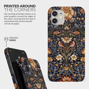May include: A phone case with a floral pattern featuring birds and leaves. The case is printed around the edges, ensuring the design is visible from all angles. The text "PRINTED EDGES" is visible on the case.