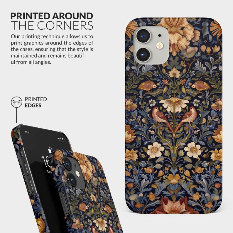 May include: A phone case with a floral pattern featuring birds and leaves. The case is printed around the edges, ensuring the design is visible from all angles. The text "PRINTED EDGES" is visible on the case.