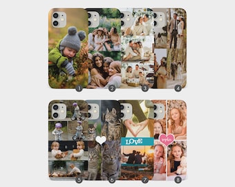 Op de afbeelding: Acht verschillende telefoonhoesjes met verschillende fotocollages. Elk hoesje heeft een andere collage van foto's, waaronder familieportetten, huisdieren en natuurfoto's. De hoesjes zijn allemaal wit met een transparante achterkant.