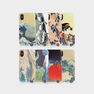 May include: Eight phone cases featuring Japanese art prints. Designs include a wave, a geisha, and floral patterns. The cases are in various colours, including blue, beige, and red. The cases are displayed against a white background.